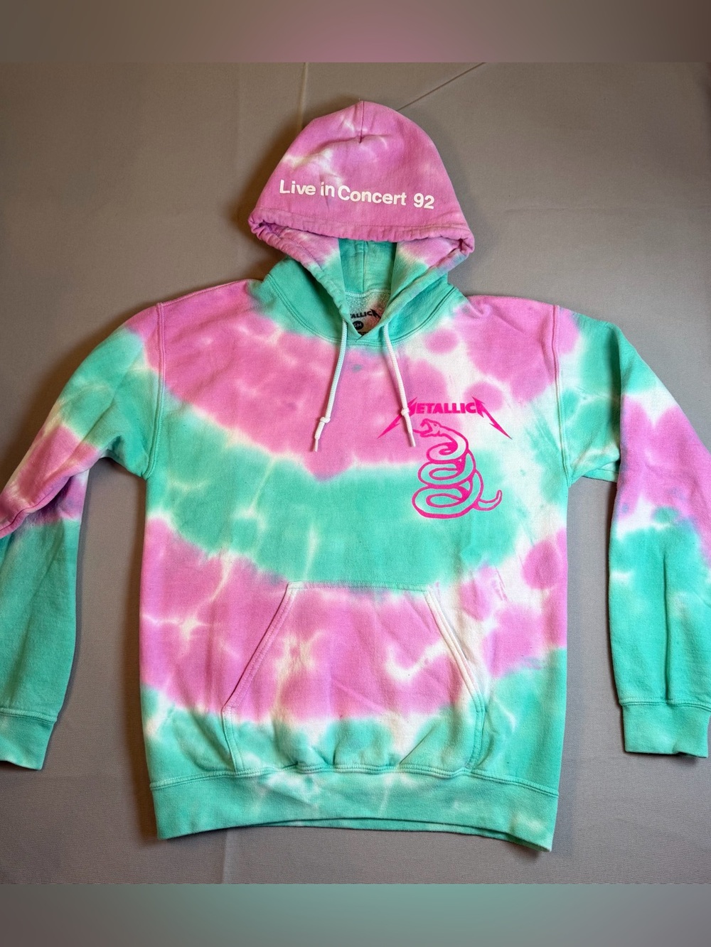 Metallica ‘Live in Concert 92’ Pink&Mint Tie-Dye Hoodie Skull Graphic Back szS
